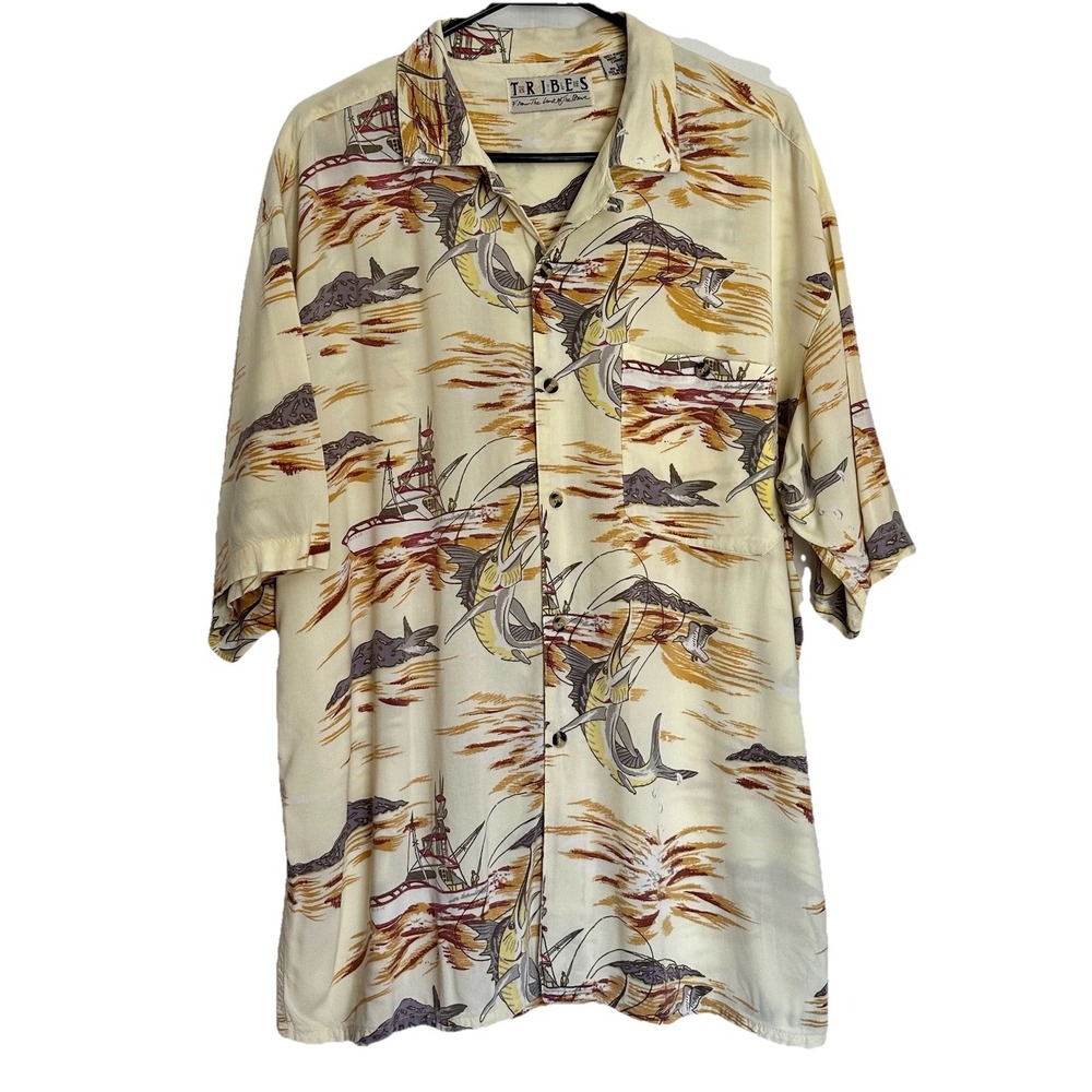 TRIBES Mens Large Short Sleeve Yellow Hawaiian Shirt Fishing Sail Fish Hawaiian